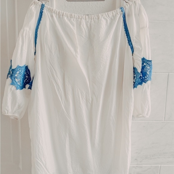 Line + Dot Boho White Beach Cover-Up Blue Embroidery Tassel Tie XS - Picture 11 of 15